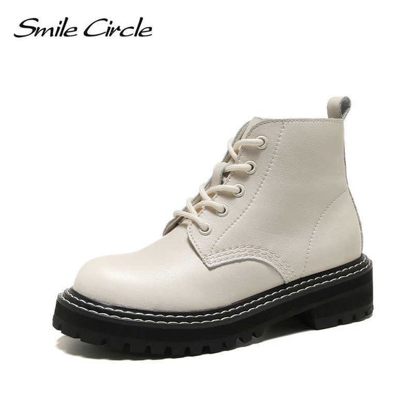 smile circle autumn winter ankle boots women genuine leather platform boots punk short boots ladies shoes 210911, Black